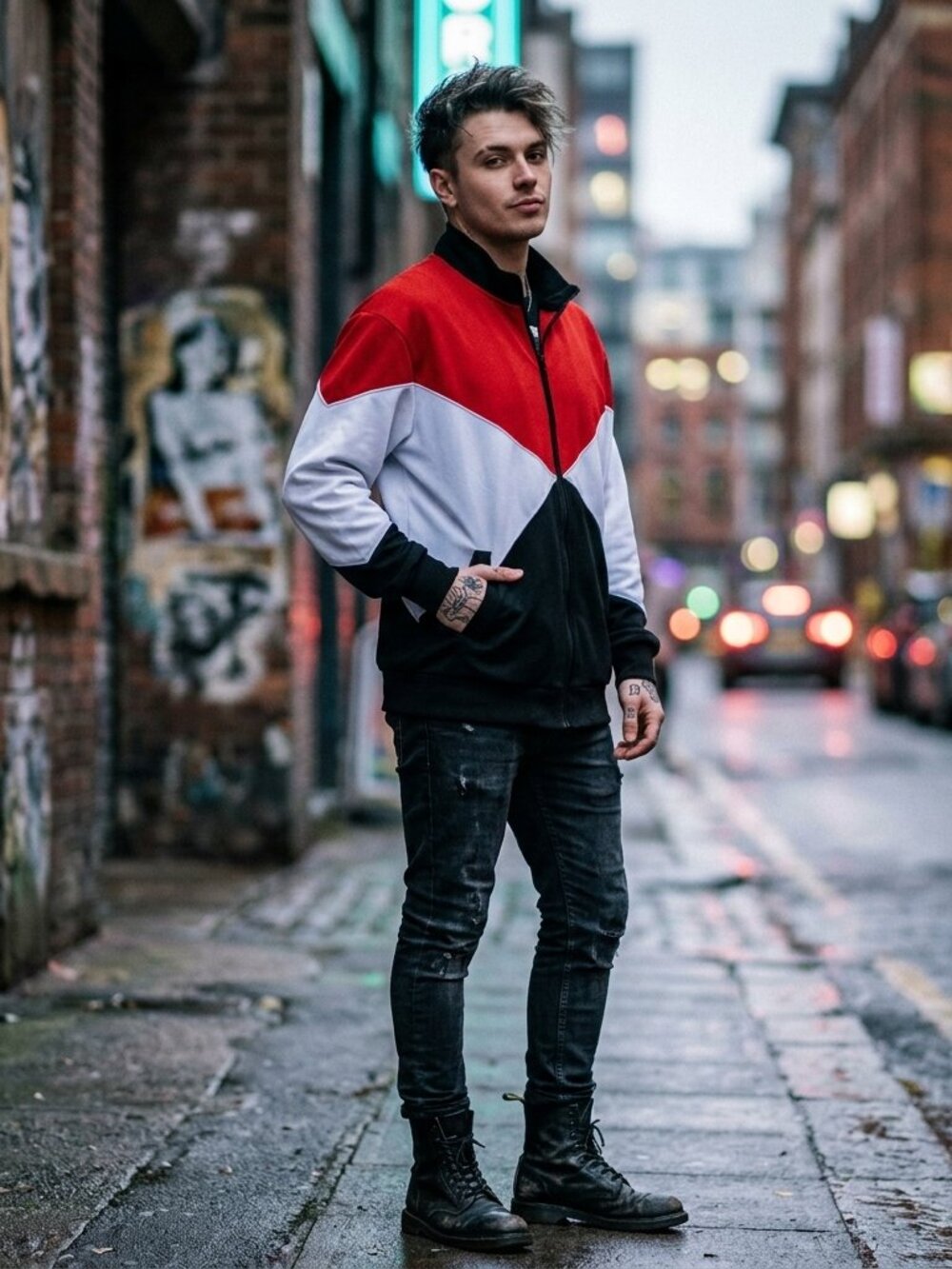 MONARCHY Track Jacket Geo Colorblock Graphic Print Back Black/White/Red XXL